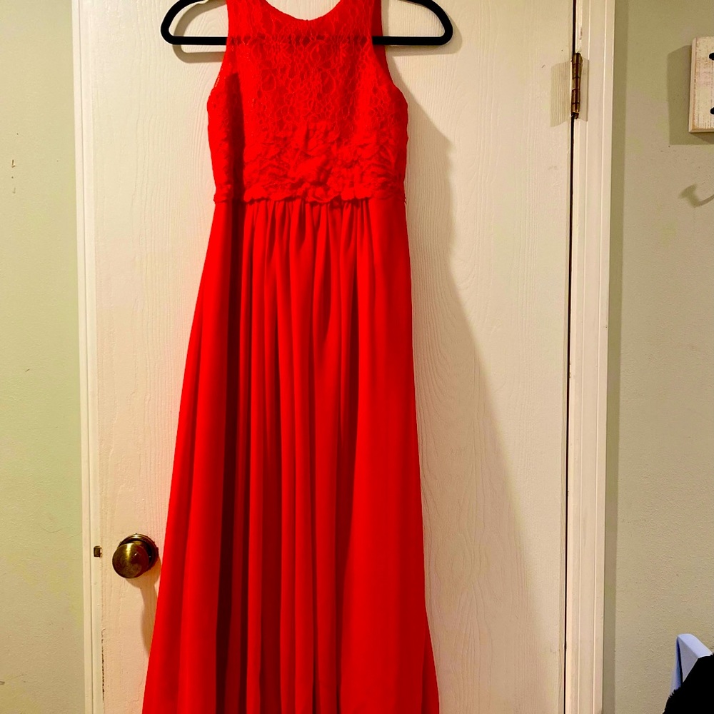 Long red lace & chiffon gown